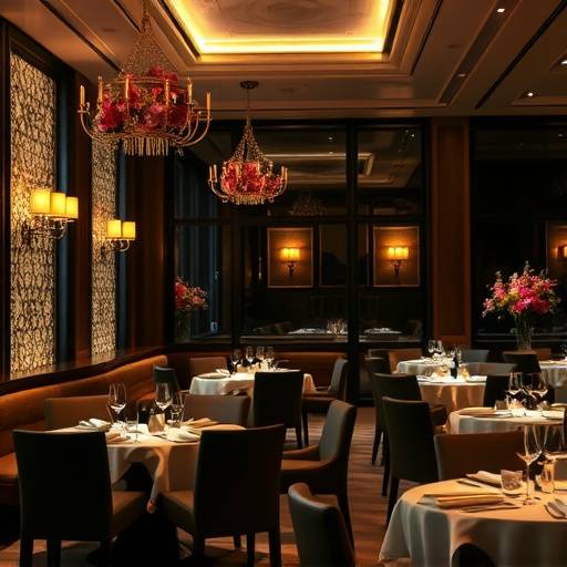 Ambiente interno di un ristorante o bar di lusso, con attenzione all'arredamento, all'illuminazione e ai dettagli eleganti.