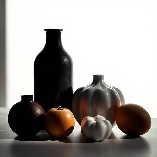 Composizione artistica di oggetti semplici, con un gioco di luci e ombre drammatico che ne esalta le forme e le texture.