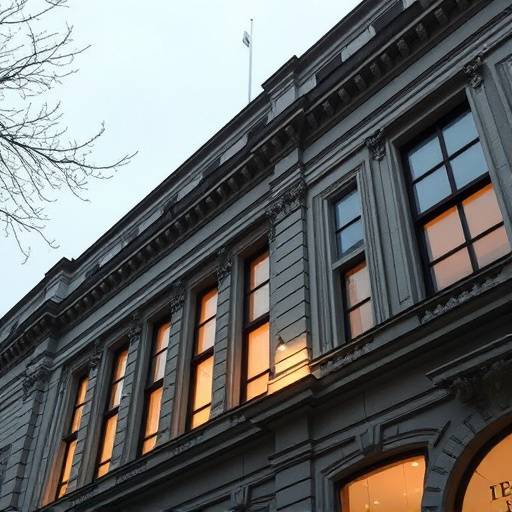 Dettaglio architettonico di un edificio moderno o storico, con linee geometriche interessanti e un gioco di luci.