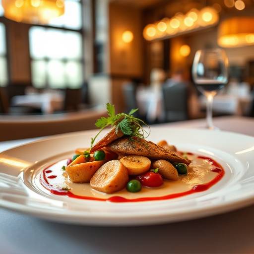 Dettaglio di un piatto gourmet finemente impiattato in un ristorante di lusso, con illuminazione focalizzata.