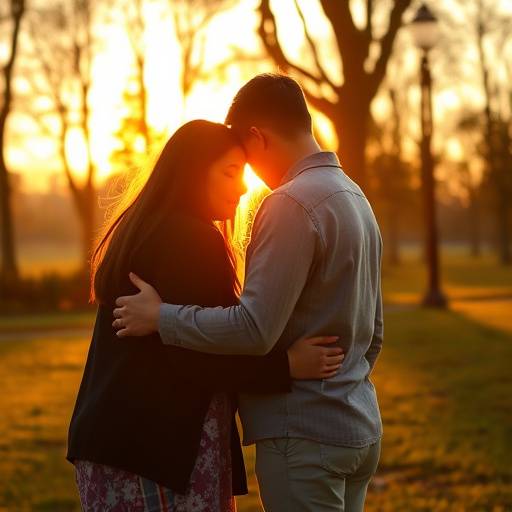 Famiglia che si abbraccia serenamente in un parco al tramonto, con luci dorate.