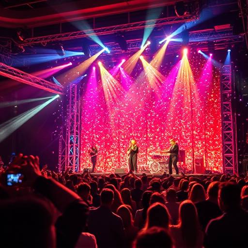 Folla festante durante un concerto, con luci colorate e persone che ballano e alzano le mani, catturando l'energia dell'evento.