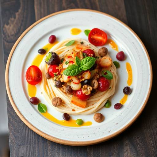 Fotografia di un piatto gourmet preparato con ingredienti freschi e colorati, presentato in modo elegante e invitante.