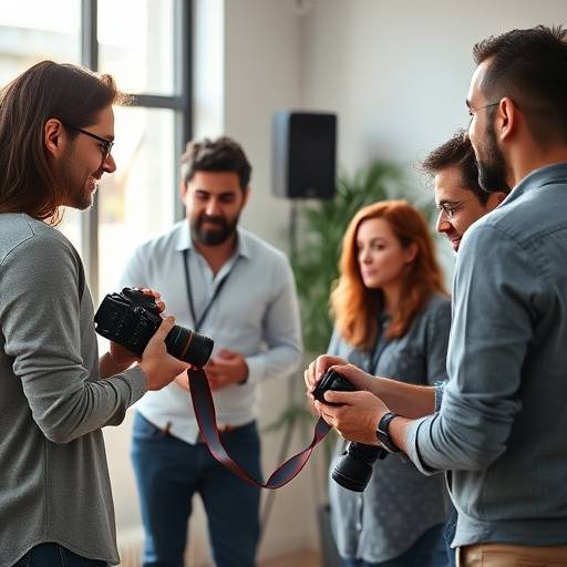 Immagine di un team di fotografi sorridenti in uno studio moderno.