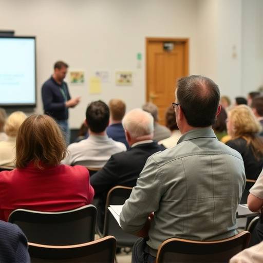 Persone che ascoltano attentamente durante una presentazione in un workshop, con il relatore in primo piano e un'atmosfera di apprendimento.