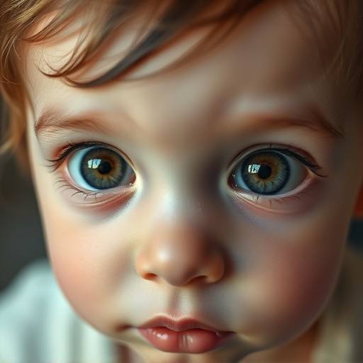 Primo piano di un bambino con occhi grandi e curiosi, illuminato da una luce soffusa che ne esalta le espressioni.