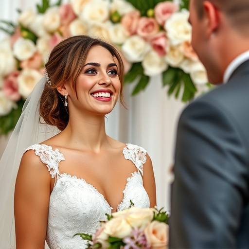 Primo piano di una sposa radiosa che ride durante il suo matrimonio, con dettagli floreali sullo sfondo.