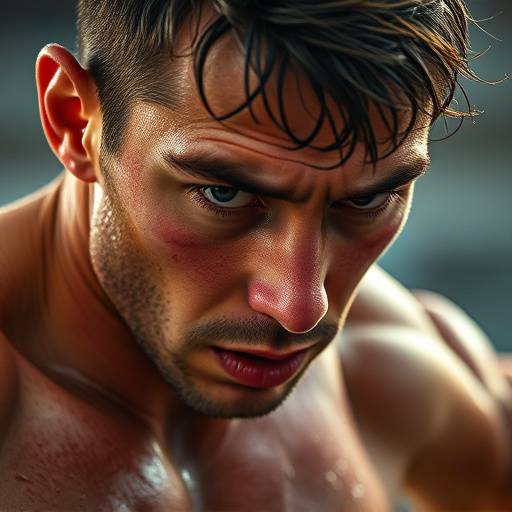 Ritratto di un atleta durante uno sforzo intenso, con sudore sulla fronte e un'espressione di concentrazione assoluta.