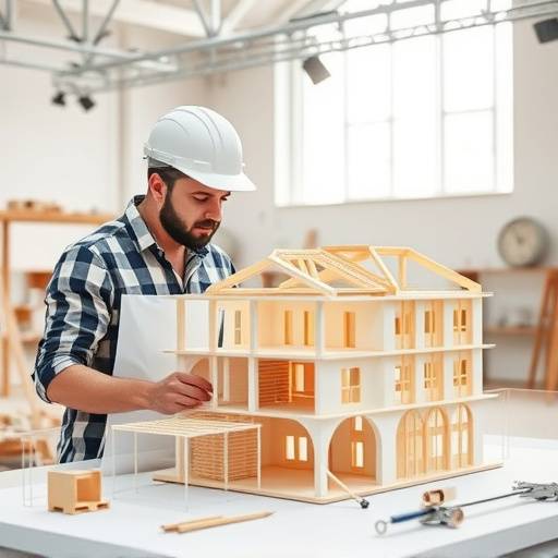 Un architetto che osserva un modello di edificio in uno studio moderno, con luci tecniche.