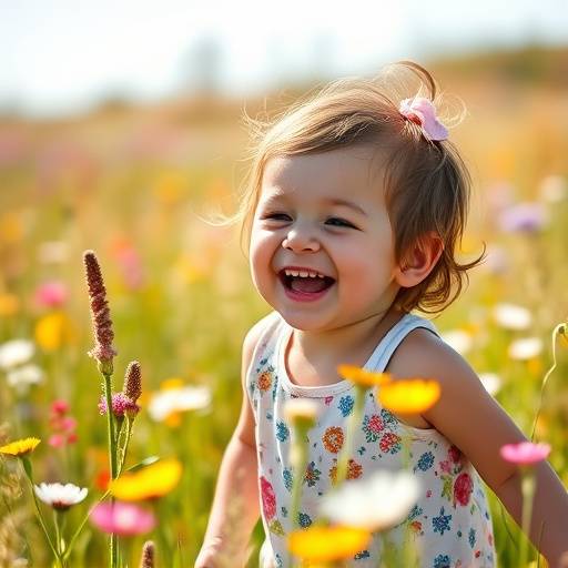 Un bambino che gioca spensierato in un campo di fiori selvatici, con un'espressione di pura gioia.