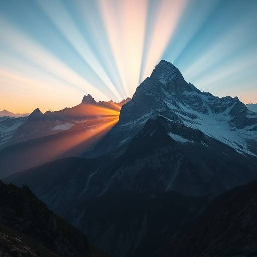 Un paesaggio montano suggestivo all'alba, con raggi di sole che illuminano le cime.