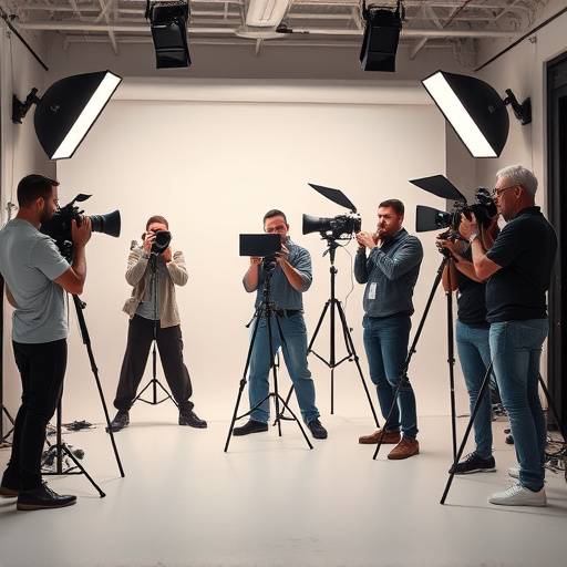 Un team di fotografi esperti che lavorano con entusiasmo in uno studio moderno, con attrezzature professionali e luci soffuse.