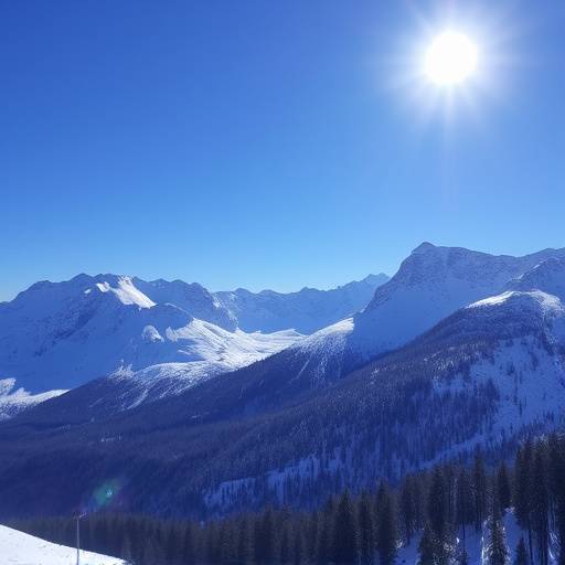 Vasta veduta di un paesaggio montano innevato con un cielo limpido e un sole splendente, trasmettendo un senso di pace e grandezza.